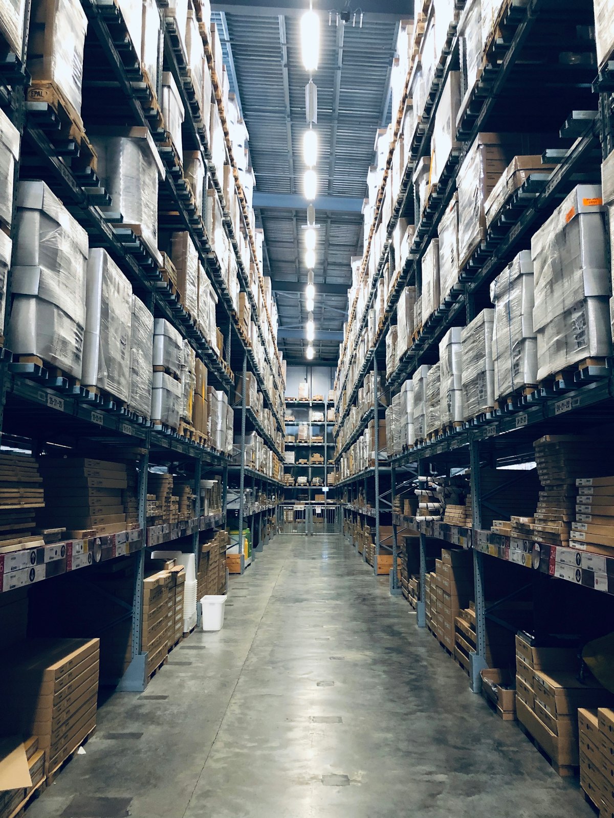 Warehouse aisle with packaged goods